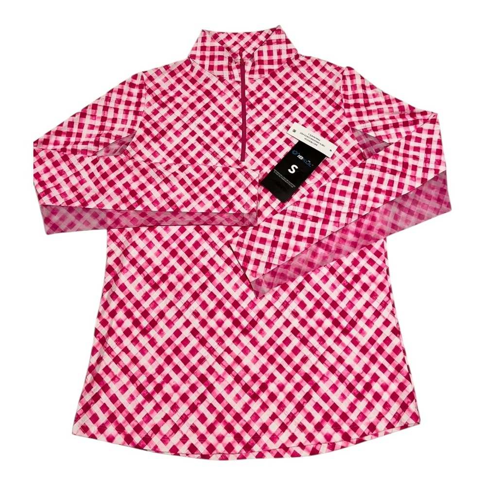 IBKUL Pink/White Gingham Mock Zip Long Sleeve Top UPF 50 Small NWT‎